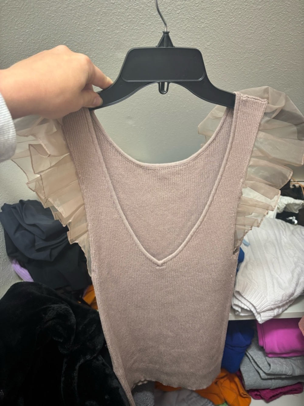 Sleeveless Knit Top with Sheer Ruffle Shoulders Anthropologie